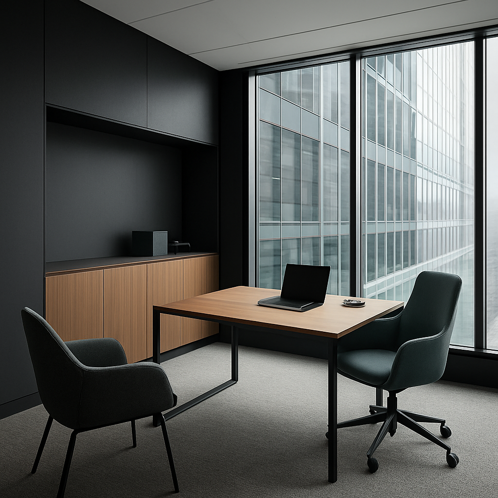 Modern corporate office interior with floor-to-ceiling windows